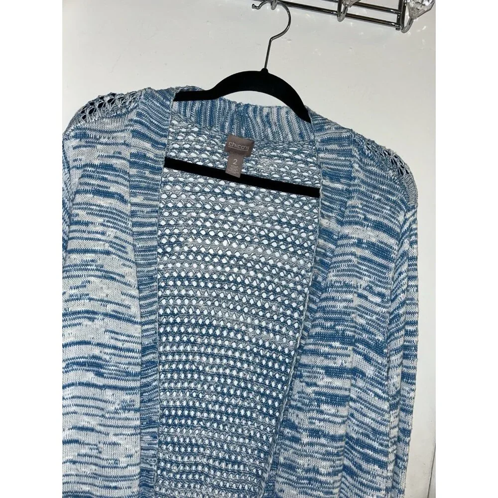 Chicos Blue White Abstract Print Open Knit Long Sleeve Casual Cardigan Size 2
